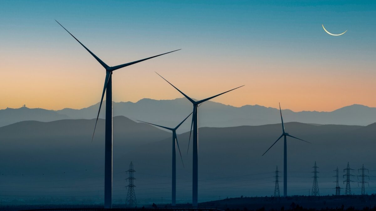 Wind turbines on a sunset backdrop