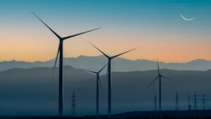 Wind turbines on a sunset backdrop